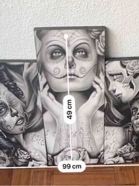 Black & White Day of the Dead Canvas Triptych - Sugar Skull Woman